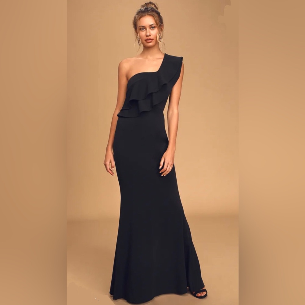 lulus Grand Beauty Black Ruffled One-Shoulder Mermaid Maxi Dress
